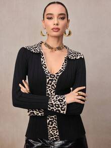 Modelyn Áo len dệt kim cổ bẻ họa tiết da báo dành cho nữ, thời trang khi đi làm - Nhiều màu - Xem 5