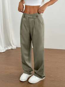 Flirla 1 件女士不对称腰部休闲、日常、通勤、购物卡其裤 - 橄欖綠 - 查看 5