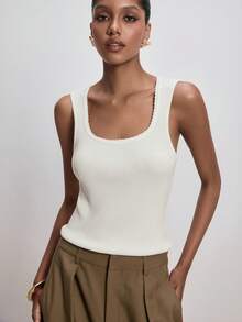 ATUI Studio 女士针织背心，蕾丝边方领无袖休闲百搭吊带背心，时尚百搭，休闲叠穿针织背心 - 米色 - 查看 4