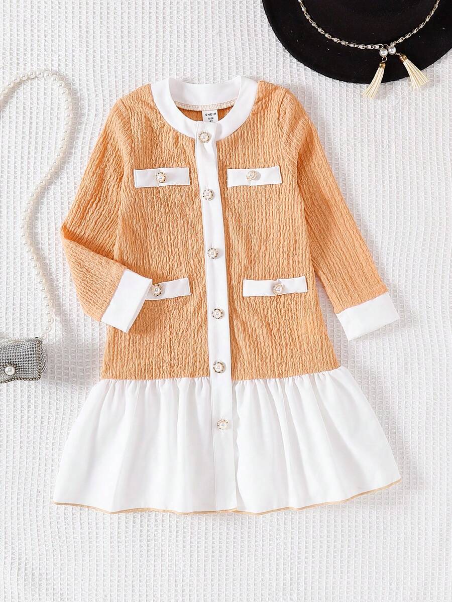 Young Girl' Black & White Color Block Pearl Button Patchwork White Hem Dress - Orange - View 1