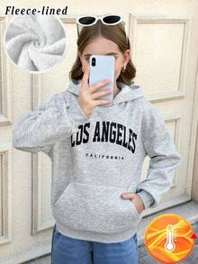 SHEIN 女童浅灰色针织复古字母印花休闲舒适百搭卫衣，适合返校季、日常穿着，儿童灰色卫衣，秋冬季女童服装 - 淺灰色 - 查看 2