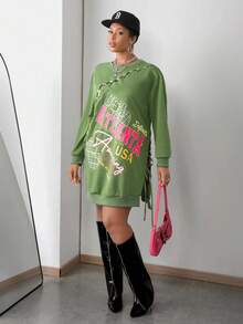 Slaydiva 2025 Autumn/Winter New Plus Size Street Style & Casual & Daily Wear & Music Festival & Party English Graphic Print Single Side Slit Tie-Up Long Sleeve Hoodie Sweatshirt For Plus Size Women,Christmas