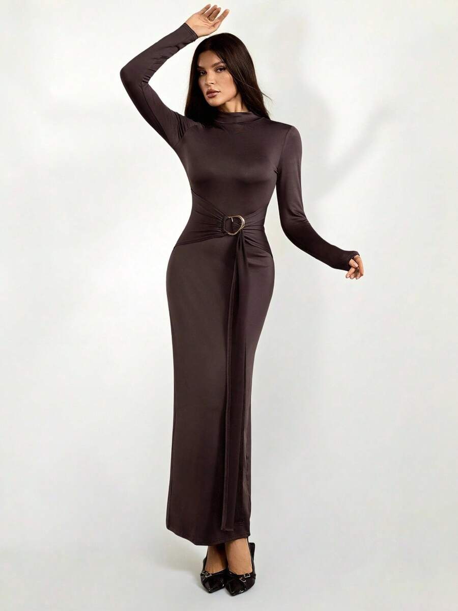 SHEIN Tall Women's Solid Color Stand Collar Long Sleeve Tie Design Fitted Elegant Brown Dress - Coffee Brown - View 1