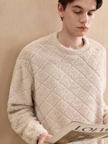 复古英伦风舒适休闲双面绒面提花圆领套头衫外套，适合男士居家穿着，蓬松柔软，冬季保暖舒适 - 米色 - 查看 6