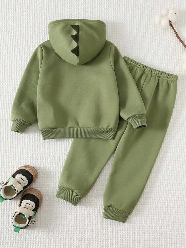 Cozy Pixies 2pcs Toddler Boy Cartoon Dinosaur Pattern Knit Soft Hoodie Sweatshirt And Elastic Waist Pants Set Green Dinosaur Clothes Boy Dinosaur Clothes Dinosaur Hoodie Set - Green - View 2
