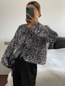 Livesso 女士时尚派对宴会前系带亮片长袖上衣闪亮上衣 - 灰色 - 查看 4