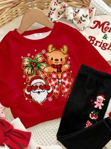 SHEIN Conjunto de sudadera de cuello redondo de manga larga y leggings suaves, gruesos y cómodos con estampado de Papá Noel, renos, lazos y copos de nieve de Happikins, en color rojo burdeos, adecuado para uso diario en otoño/invierno, Navidad, Año Nuevo y estilo callejero - Multicolor - Ver 5