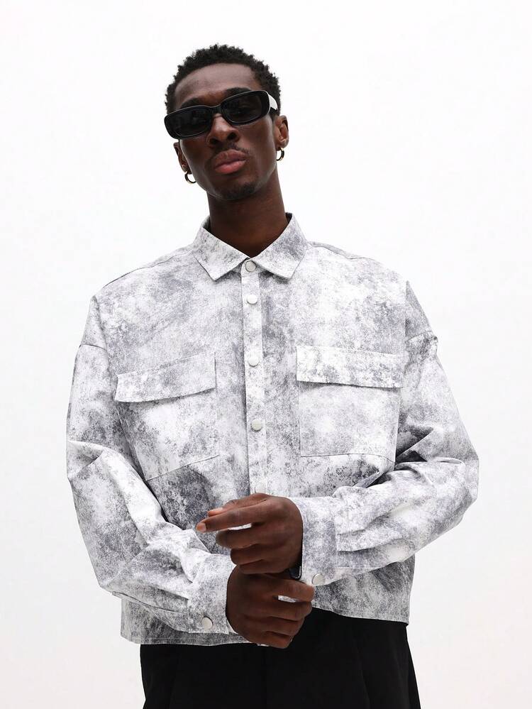 Long Sleeve Crop Utility Shirt With Washed Pattern
