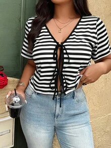 SHEIN LUNE Plus Size Summer Casual Striped Drawstring Short Sleeve T-Shirt - Black and White - View 3