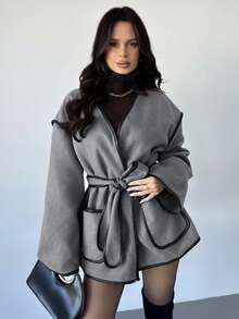 Firerie Damen Lässige elegante Kontrast-Farben Dekorative Strickjacke/Gürtel Taille Kontrast-Farben Feiner Rand Tweed Jacke/Braune Jacke Herbst Damen Kleidung/Herbst Outfits Damen/Winterkleidung für Damen/Winter Outfit für Damen/Schule Outfits Damen/Lehrerbekleidung/Business Lässig Frau