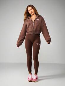 Missguided x Playboy Cropped Zip Through Hoodie With Drawstring And Centre Pocket For Casual Streetwear - Coffee Brown - View 8