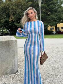 Jeta Ari Textured Stripe Knit Flared Maxi Dress Spring Summer Vacation Boho Ibiza Elegant Beach Cute The Beach House Festival Christmas, Halloween, Fall, Winter - Blue - View 1