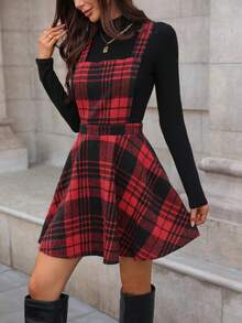 EMERY ROSE Women's Black & Red Plaid Sleeveless Criss-Cross Back A-Line Hem Dress, Suitable For Independence Day, Cyber Monday, Halloween, Singles' Day, Back To School Party, Singles' Party, Holidays, Christmas Eve, Christmas, Halloween Eve, Thanksgiving, Christmas Carnival, Diwali, Autumn - Red - View 3