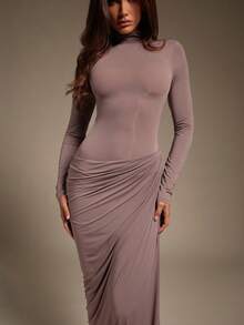 Hauture Sexy Ruched Mock Neck Maxi Dress – Stretch Jersey Asymmetric Long Sleeve Bodycon Gown For Night Out & Holiday - Bold Plum - View 5