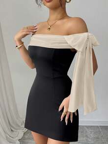 Rafferiza 女士优雅拼色蝴蝶结露肩连衣裙，夏季 - 黑色 - 查看 3