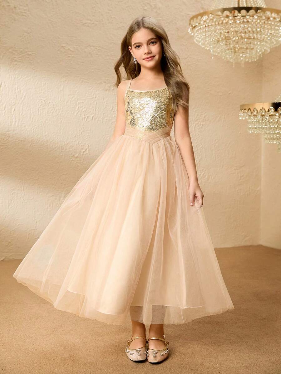 女童亮片吊带长裙，公主裙，适合派对、婚礼、钢琴演奏会、选美比赛，大童 - 香檳色 - 查看 1