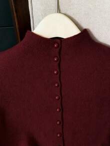 Franclia Casual Loose Turtleneck Sleeveless Knitted Button Design Red Women's Sweater Top, Spring/Autumn - Burgundy - View 3