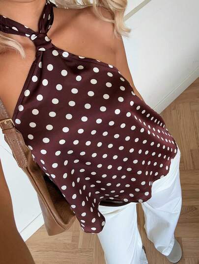 SHEIN EZwear Summer Tops  Brown Party Women's Summer Fashion Halter Tie Polka Dot Print Blouse Chocolate Brown Top Pokadot Top Halter Tops For Women
