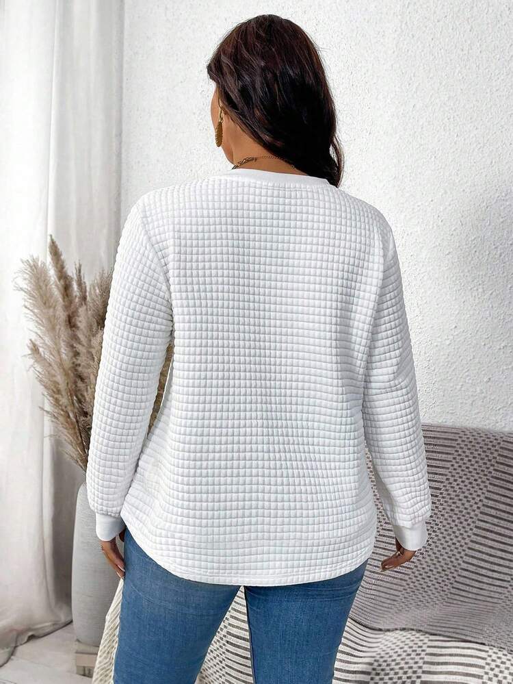 Autumn/Winter Round Neck Plaid Casual White Comfortable Sweatshirt With Curved Hemline And Side Slits Cute Long Sleeve Top Long Sleeve Top Winter Tops For Women Women Sweater Sweater Tops