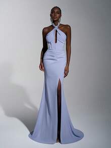 Elitara 优雅、浪漫、性感、时尚、灰蓝色、针织弹力面料、褶饰、仿珍珠链、鱼尾下摆、拖尾、影响者、节日、度假、生日派对、婚礼活动、正式晚宴礼服 - 霧霾藍 - 查看 7