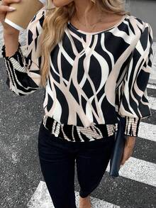 SHEIN LUNE 复古豹纹印花休闲通勤女式衬衫，圆领，泡泡袖，褶皱下摆 - 彩色 - 查看 3