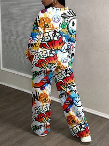 Slaydiva Women's Casual Street Style Loose Fit 2 Pieces Outfit Set, Suitable For Autumn/Winter, Graphic Print, Street & Hiphop Style - Multicolor - View 2