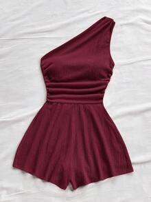 Soleia Combinaison casual à manches courtes et froncée pour femmes grandes tailles, convient pour les vacances, automne/hiver - Rouge foncé - Voir 4