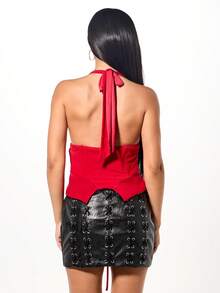 SUMWON WOMEN Áo corset buộc dây cổ chữ V sâu, cổ yếm lưới, thích hợp mặc dự tiệc và dạ hội - Đỏ - Xem 3