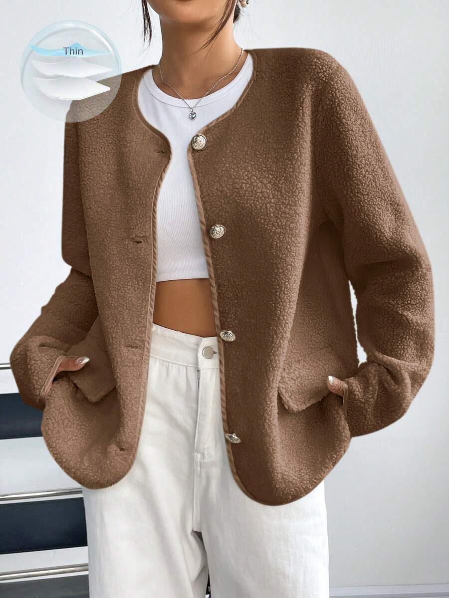 SHEIN Unity Women's Casual Loose Solid Color Long Sleeve Front Button Jacket - Brown - View 1