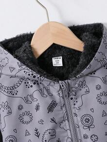 SHEIN Genkimix Kids 年轻男孩休闲时尚全身印花连帽夹克，保暖内衬，拉链开合，秋冬