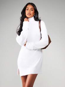 MISSGUIDED Cozy Turtleneck Sweater Dress Long Sleeve Knit Mini Winter Fall Casual Pullover - White - View 1