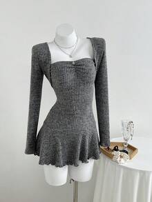 Elamini 2 件套女士秋冬时尚外套柔软拉绒罗纹面料长袖上衣和褶皱腰迷你连衣裙套装，适合外出和派对