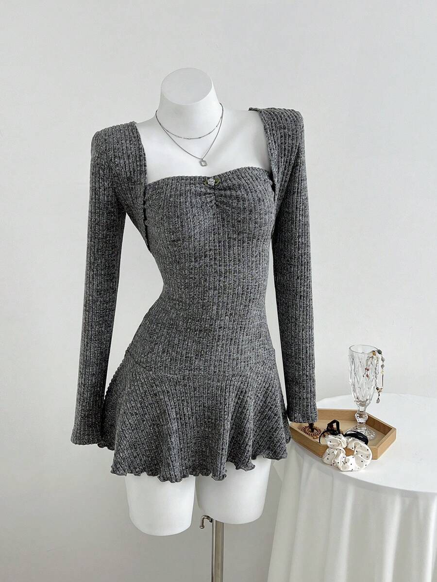 Elamini 2 件套女士秋冬时尚外套柔软拉绒罗纹面料长袖上衣和褶皱腰迷你连衣裙套装，适合外出和派对