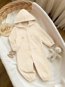 SHEIN Newborn Baby Girl Cute Pink Knitted Hooded Jumpsuit, Autumn/Winter - Apricot - View 4
