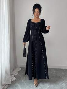 Modelyn Vestido de punto de manga larga ajustado con parches y adornos de strass, adecuado para salir y citas - Negro - Ver 3