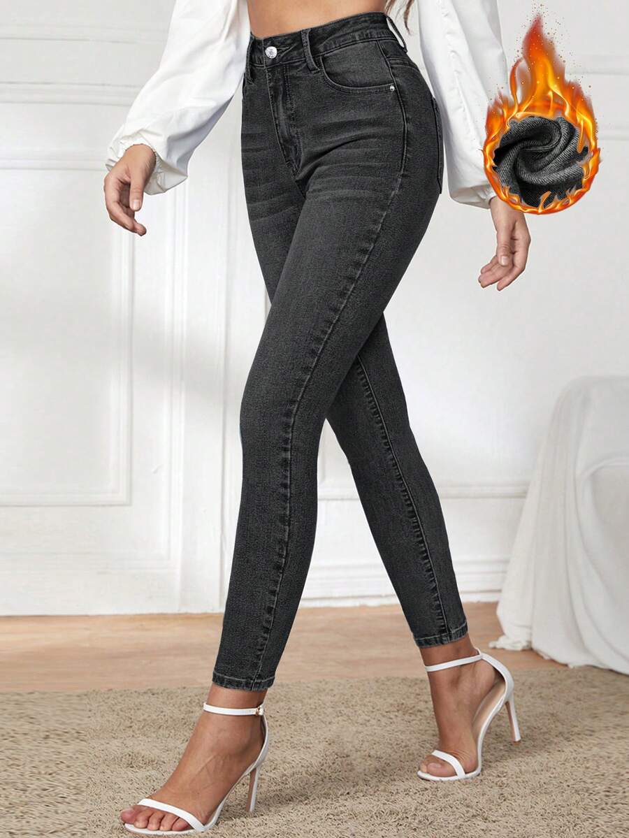 Selenza 女式休闲保暖内衬紧身牛仔裤 - 黑色 - 查看 1