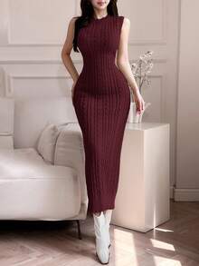 Feyla Bộ 2 món đầm suông cổ đứng màu trơn thanh lịch kèm áo khoác cardigan tay dài cho nữ mùa thu/đông - Màu Đỏ Sâu - Xem 4