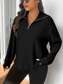 SHEIN Frenchy Áo thun nữ cổ bẻ màu đen trơn cỡ lớn, thường ngày thu/đông - Nhiều màu - Xem 6