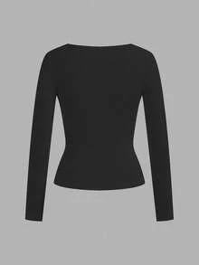 Tseoso 2 件黑色休闲长袖方领修身加厚长款 T 恤套装，不含胸罩，适合秋冬季，温暖、休闲、舒适别致、修身百搭，日常穿着，室内外均可穿着，复古，