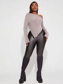 SHEIN SXY Plus Size Women's Fall & Winter Elegant Grunge Asymmetrical Neck Rib-Knit Tee With Suitable For Old-Money,Cruise Attire,Valentine's Day,Music Festival, Concert