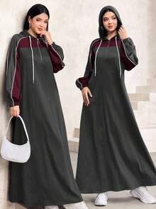 Al Najma 秋冬连帽拼色喇叭优雅时尚卫衣连衣裙 - 灰色 - 查看 1