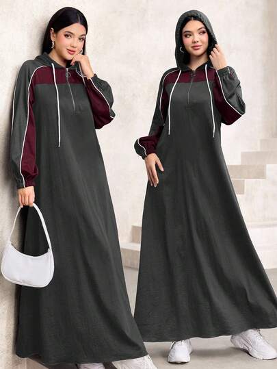 Al Najma 秋冬连帽拼色喇叭优雅时尚卫衣连衣裙