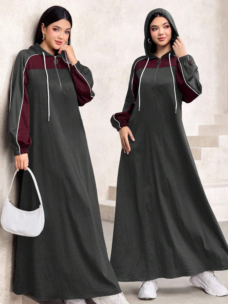 Al Najma 秋冬连帽拼色喇叭优雅时尚卫衣连衣裙 - 灰色 - 查看 1