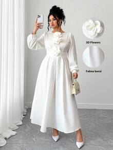 Elenzga Plus Size Women Elegant White Silky Midi Dress For Civil Wedding Bride,Autumn Textured Lace Lantern Sleeve Round Neck With 3D Floral Decor At Chest - White - View 1