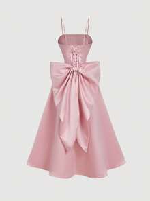 SHEIN MOD 杏色露背蝴蝶结缎面中长连衣裙 - 粉色 - 查看 2