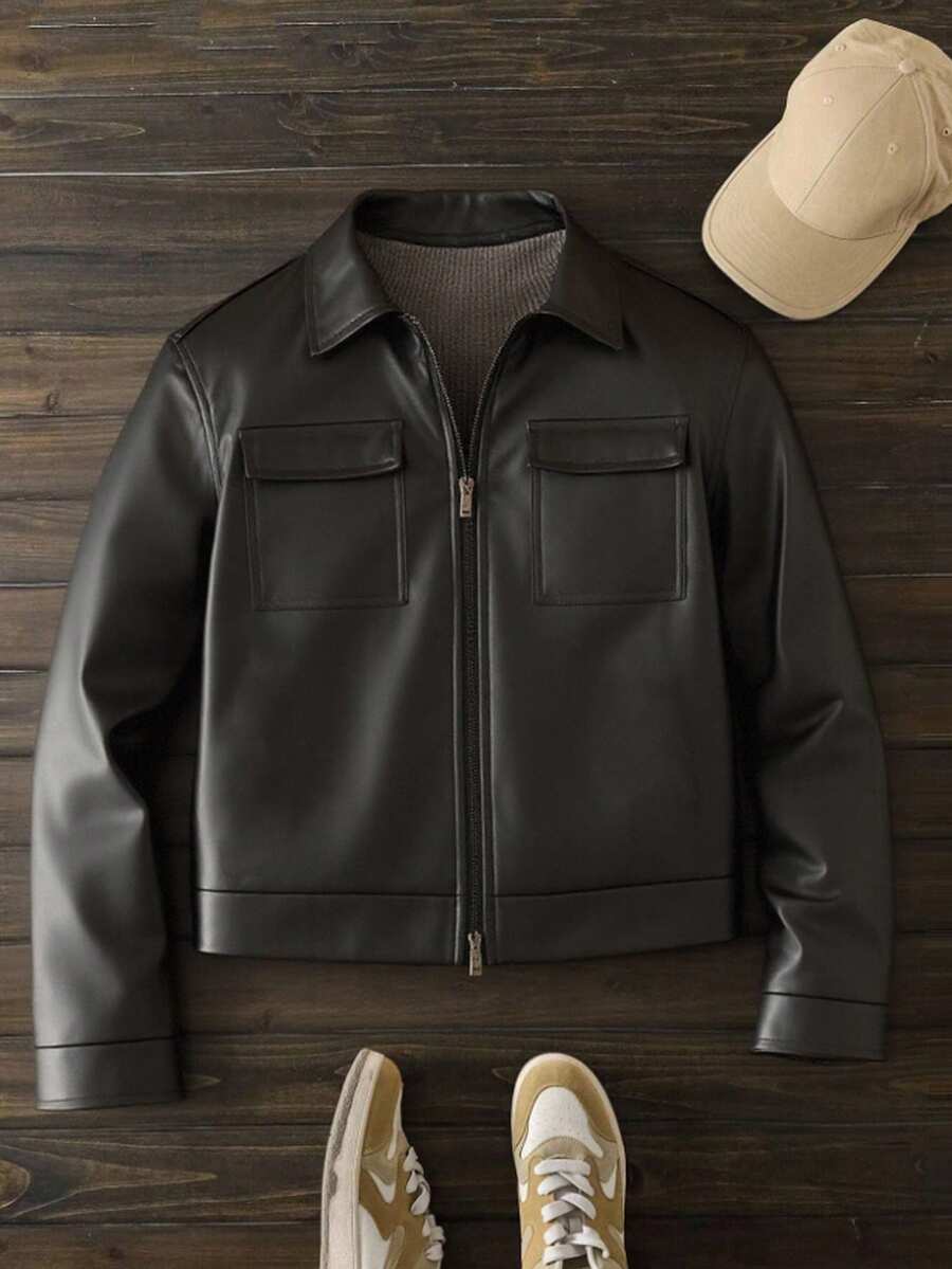 HIMLAND 男士街头时尚休闲PU拉链长袖黑色外套，适合秋冬季穿着 - 杏色 - 查看 1