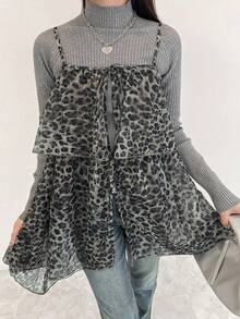 FRIFUL 女士时尚休闲豹纹不对称下摆吊带背心 - 灰色 - 查看 2