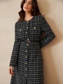BELROSIE Elegant Autumn Black And White Checkered English Style Plaid Cross Pattern Metal Buckle Thick Fabric Double Pocket A-Line Long Sleeve Dining Dress - Black and White - View 2