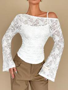Rafferiza Women's Elegant Solid Color Textured Asymmetric Shoulder Flare Sleeve Top, Autumn - White - View 1