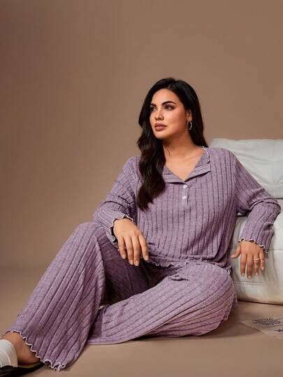 Lazeform Conjunto de 2 piezas de mujer talla grande con top de manga larga y pantalones, de tela de punto acanalada suave y de felpa, con cuello medio abierto y solapa, en color morado claro. Casual y cómodo para usar en casa o al aire libre, ropa de invierno, acogedor